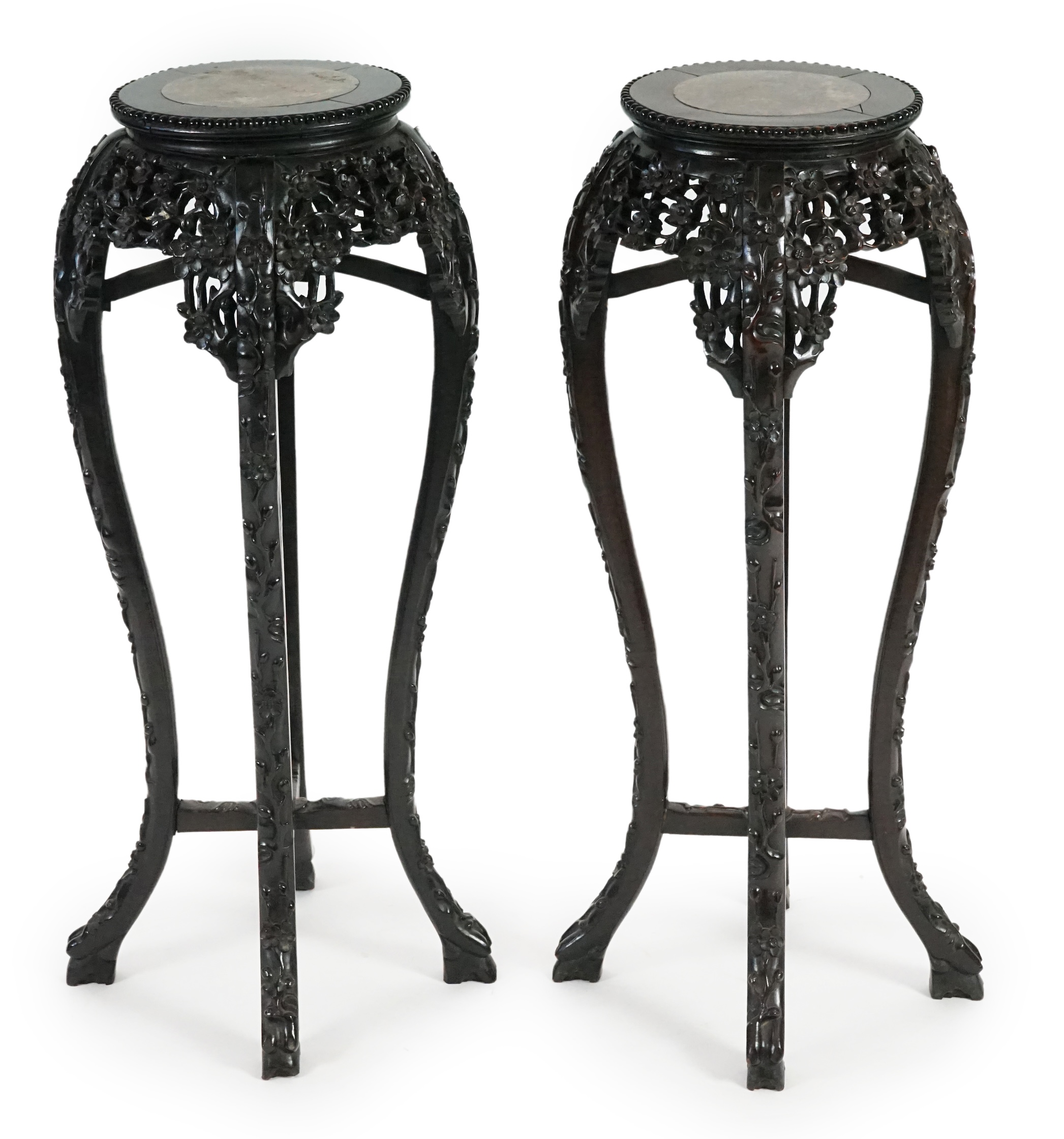 A pair of late 19th century Chinese hongmu and marble inset vase stands, height 91cm. Condition - fair to good